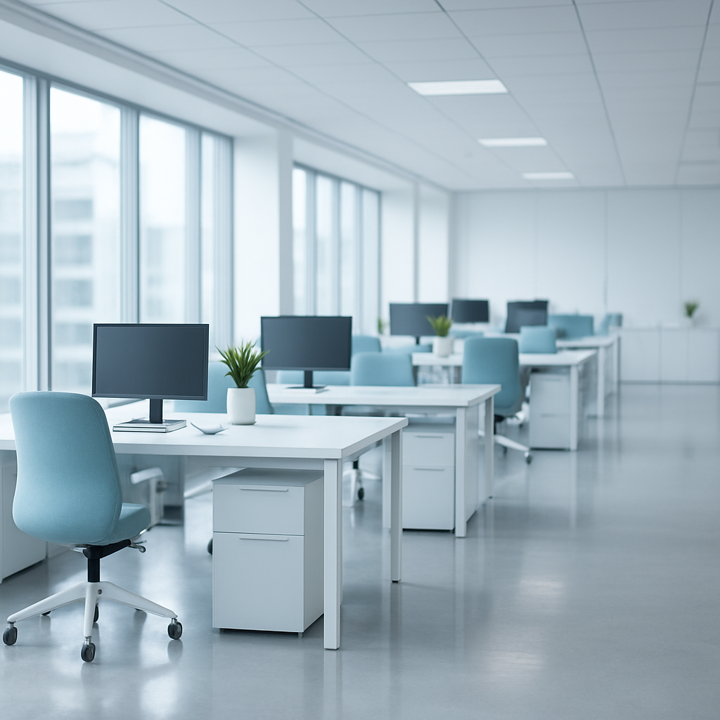 A bright, spotlessly clean modern open-plan office maintained by Master Co.